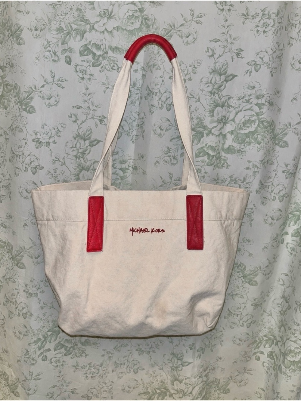 Michael Kors Cream Canvas Tote with Red Leather Accents